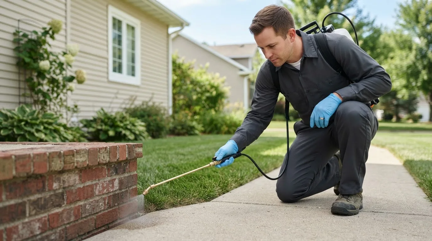 Pest control technician treating a home near Riverside, CT