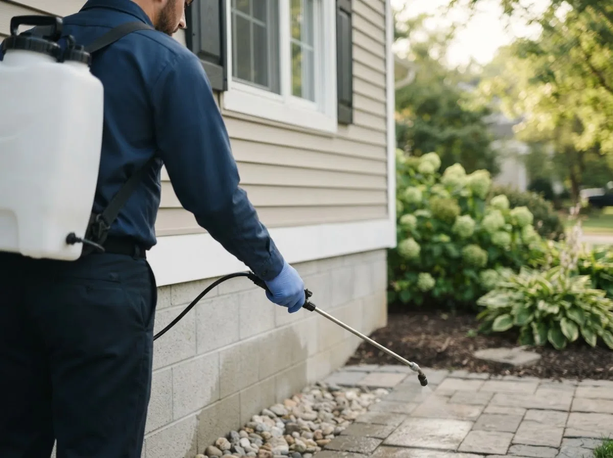 Pest control technician inspecting a home in Riverside, CT